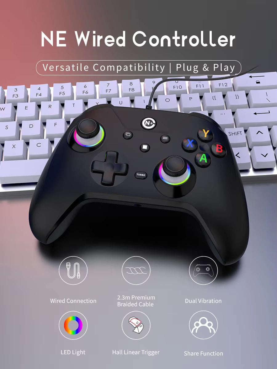 NE N5 Pro Wired Controller for PC Nintendo Switch Laptop Turbo Vibration LED Light 2.3M/7.5Ft Cable 500Hz Gamepad RGB Joystick