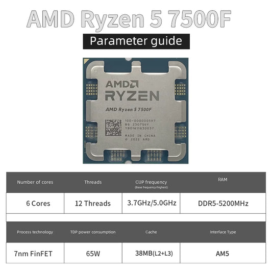 Ryzen 5 7500F CPU 3.7Ghz 6-Core 12-Thread AM5 Processor 