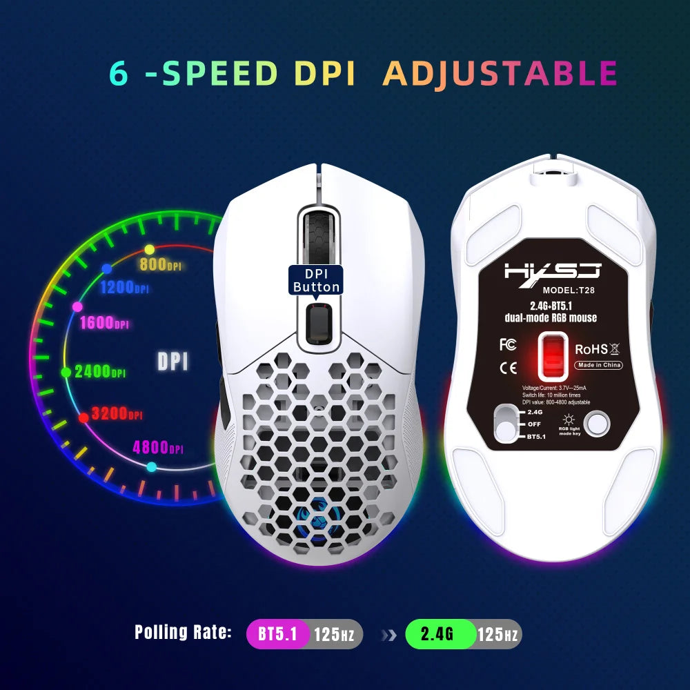 T28 Dual Mode Wireless Mouse RGB Dual Back Cover Lightweight 600Mah Rechargeable Gaming Mouse