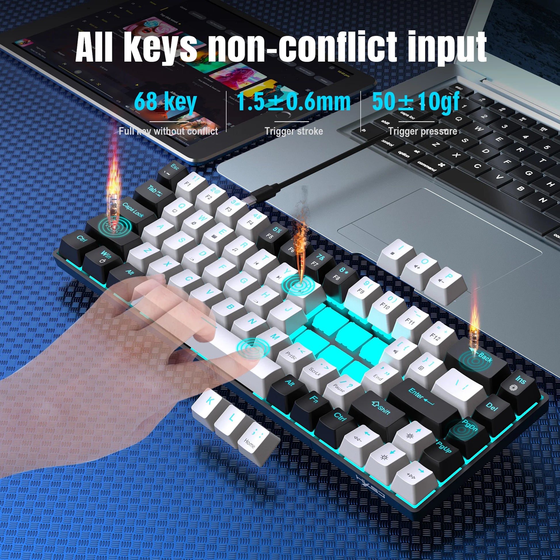 68-Key Mechanical Gaming Keyboard with Ergonomic Design, RGB Backlit LED, Hot-Swappable Blue Switches for PC and Laptop Use in Office Settings