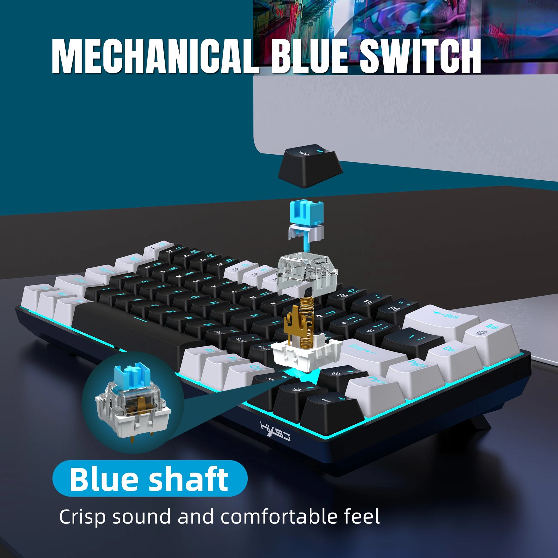 68-Key Mechanical Gaming Keyboard with Ergonomic Design, RGB Backlit LED, Hot-Swappable Blue Switches for PC and Laptop Use in Office Settings