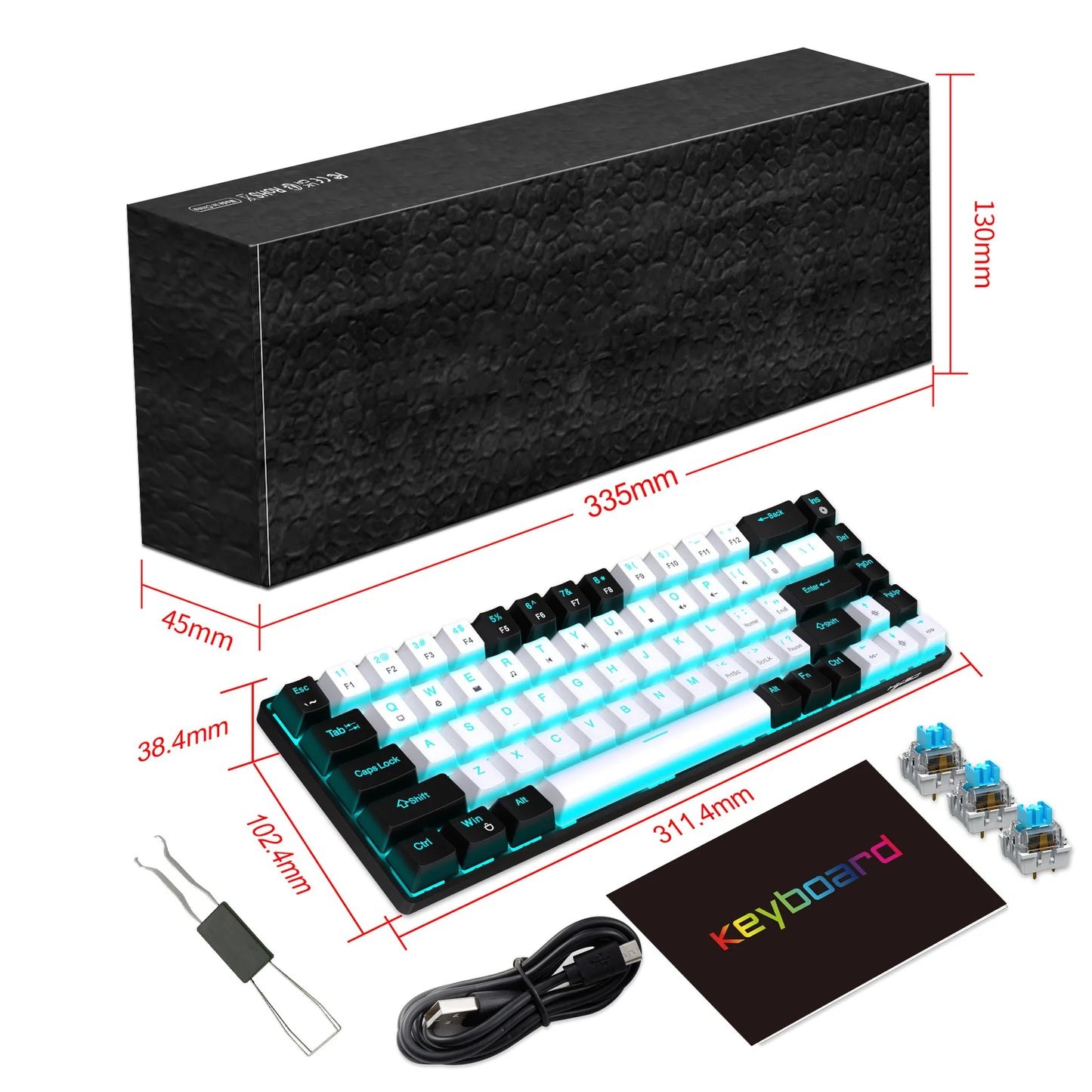 68-Key Mechanical Gaming Keyboard with Ergonomic Design, RGB Backlit LED, Hot-Swappable Blue Switches for PC and Laptop Use in Office Settings