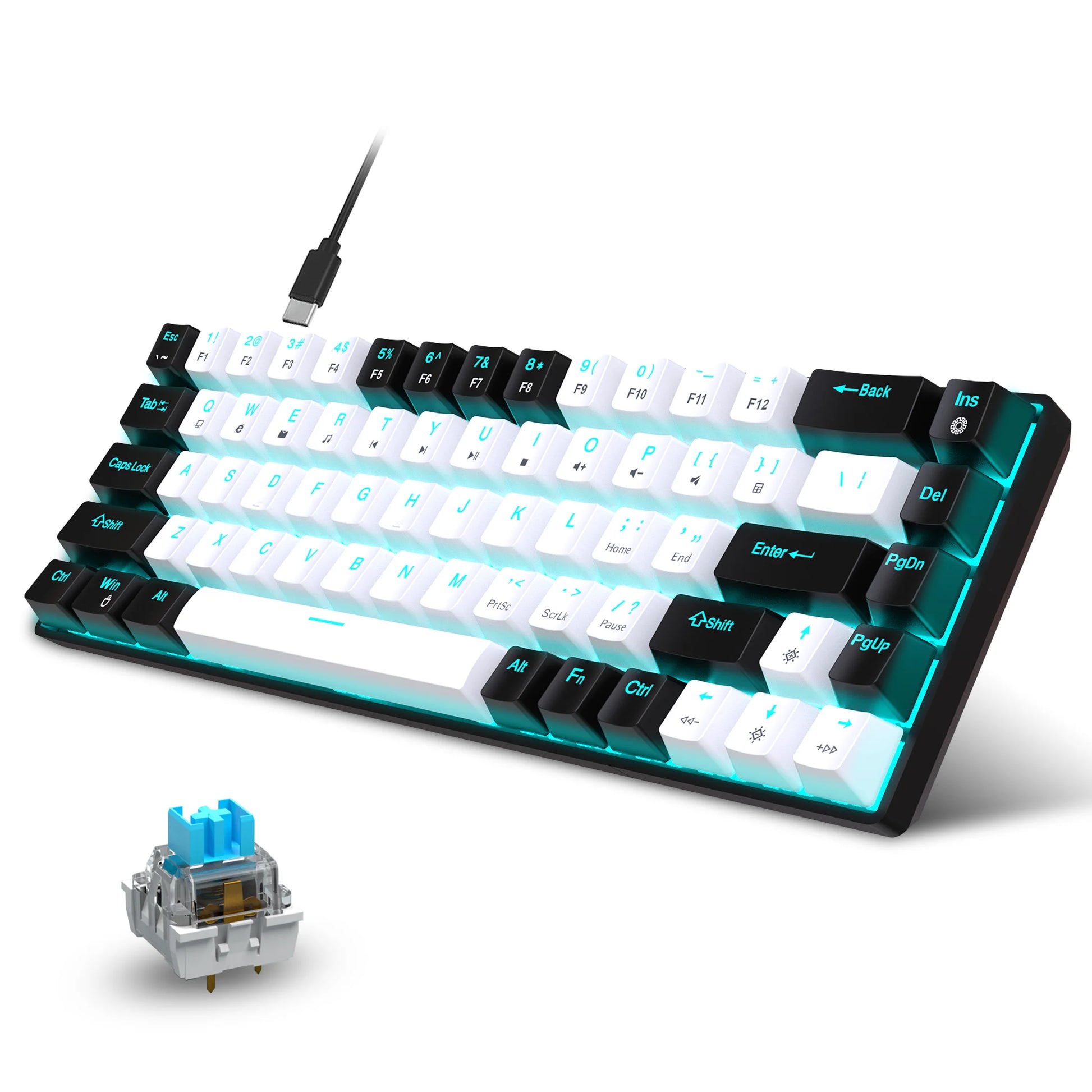 68-Key Mechanical Gaming Keyboard with Ergonomic Design, RGB Backlit LED, Hot-Swappable Blue Switches for PC and Laptop Use in Office Settings